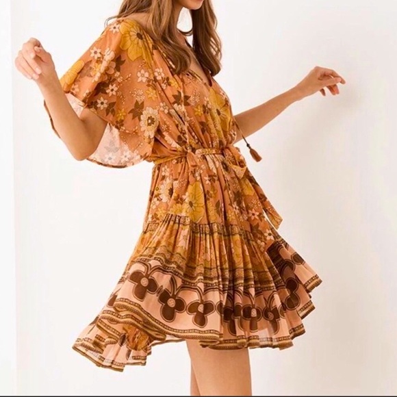 Private Label Dresses & Skirts - Yellow Orange Tropical Print Mini Dress with Frill Hem 70’s Style
